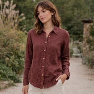 CP SHADES Linen Button up Shirt Maroon Brown fitted size Small